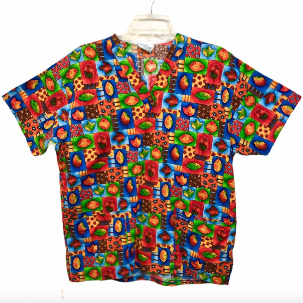 Peaches Scrub Shirt Medium Red Fall Autumn Leaves